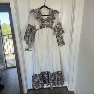 Vintage 1960s maxi bell sleeve floral white dress